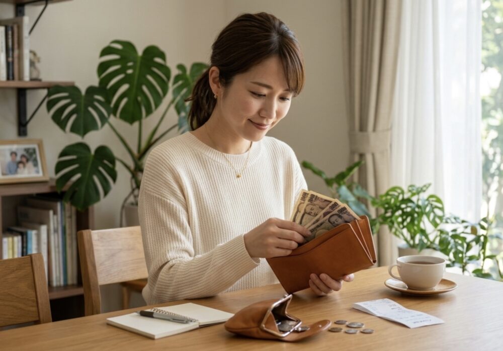 財布とお金を整理する女性