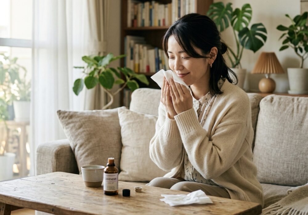 ティッシュに精油を垂らして香りを嗅ぐ