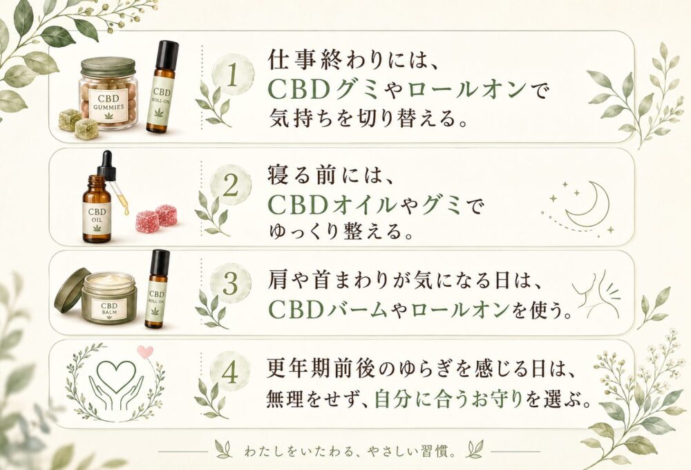 30代〜50代女性のCBDの取り入れ方｜仕事後・寝る前・更年期前後のセルフケア