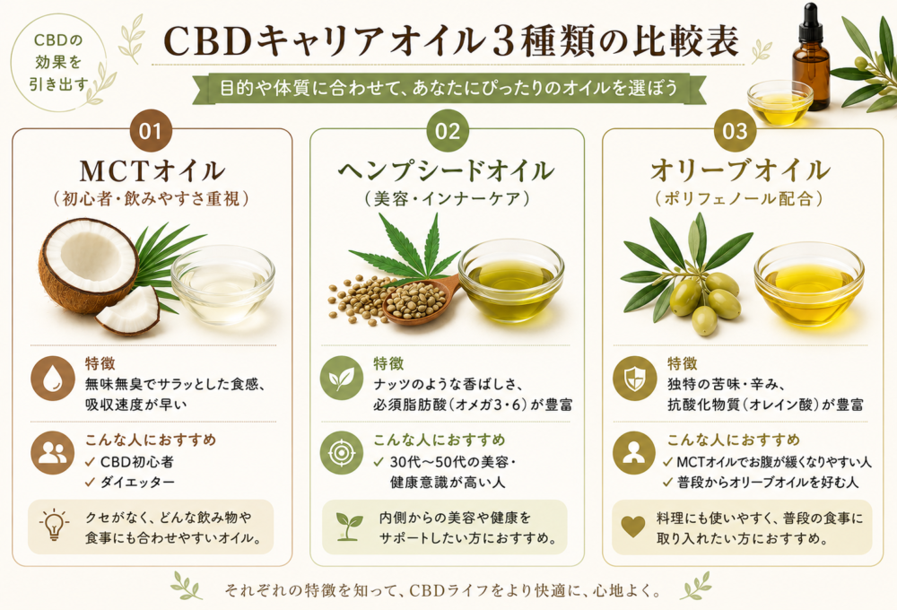 【一目でわかる】CBDキャリアオイル3種の特徴比較